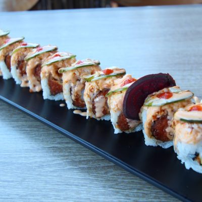 In- shrimp tempura, spicy tuna, top- spicy krab, jalapeno, spicy mayo, eel sauce.